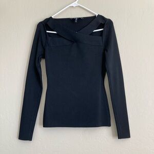BCBG Maxazria Criss Cross Ribbed Stretch Long Sleeve Top.